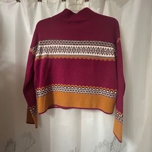 White Stuff UK‎ 10 US L Fair Isle Burgundy Mustard Mock Neck Knit Sweater